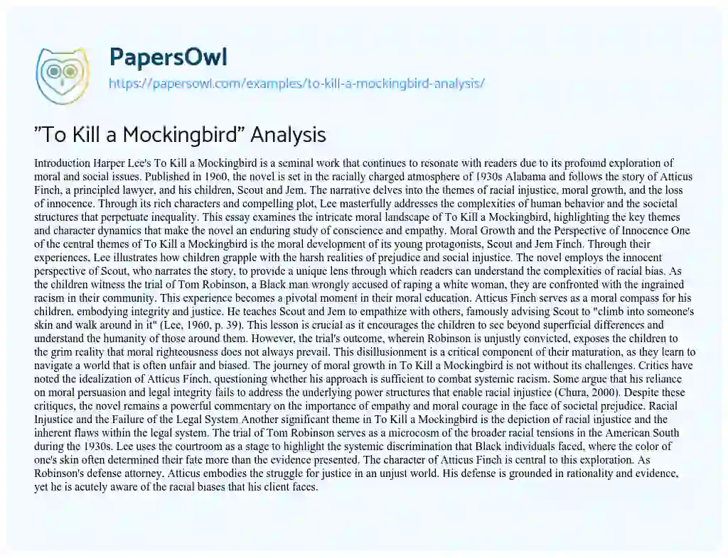 Essay on “To Kill a Mockingbird” Analysis