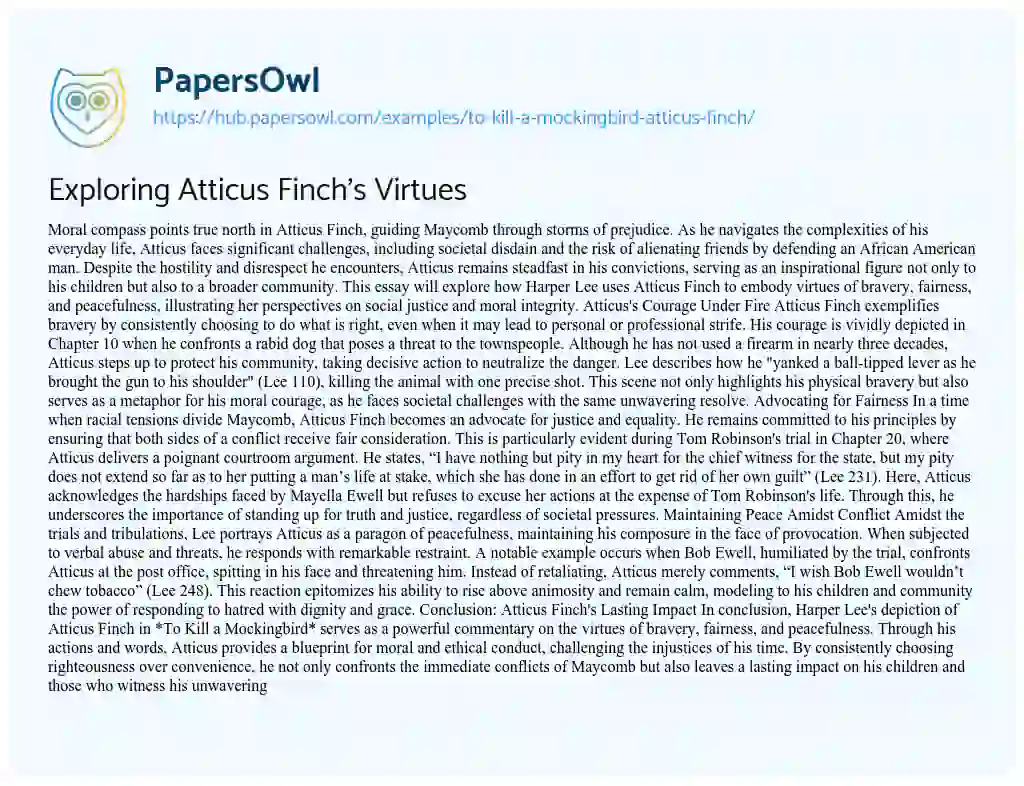 Essay on Exploring Atticus Finch’s Virtues