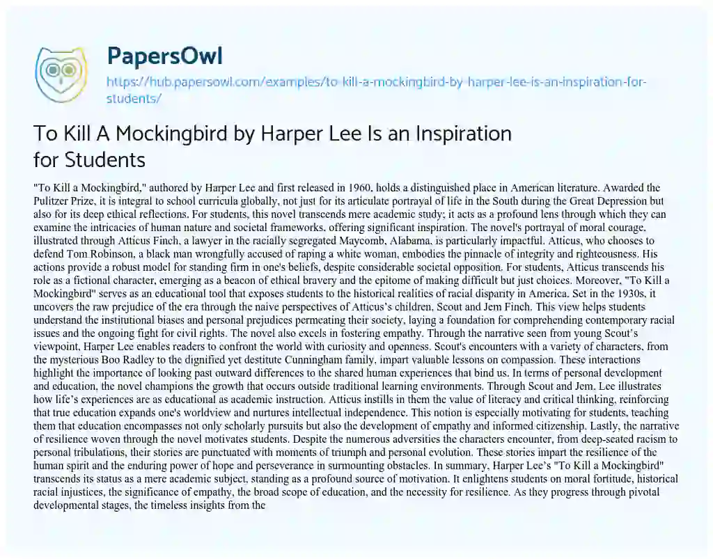 Essay on To Kill A Mockingbird by Harper Lee Is an Inspiration for Students