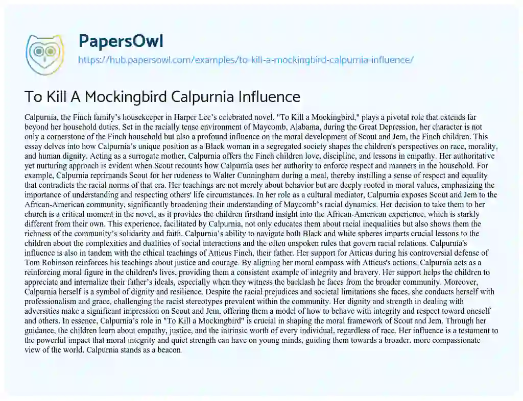 Essay on To Kill A Mockingbird Calpurnia Influence