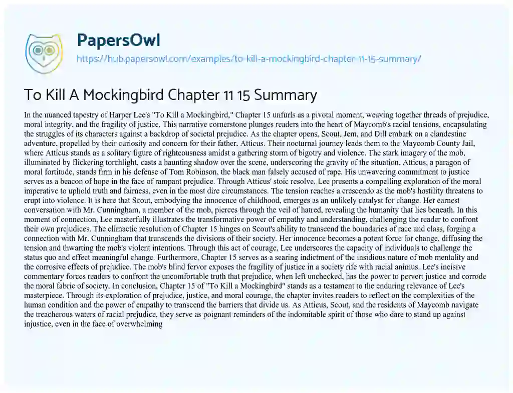 Essay on To Kill A Mockingbird Chapter 11 15 Summary