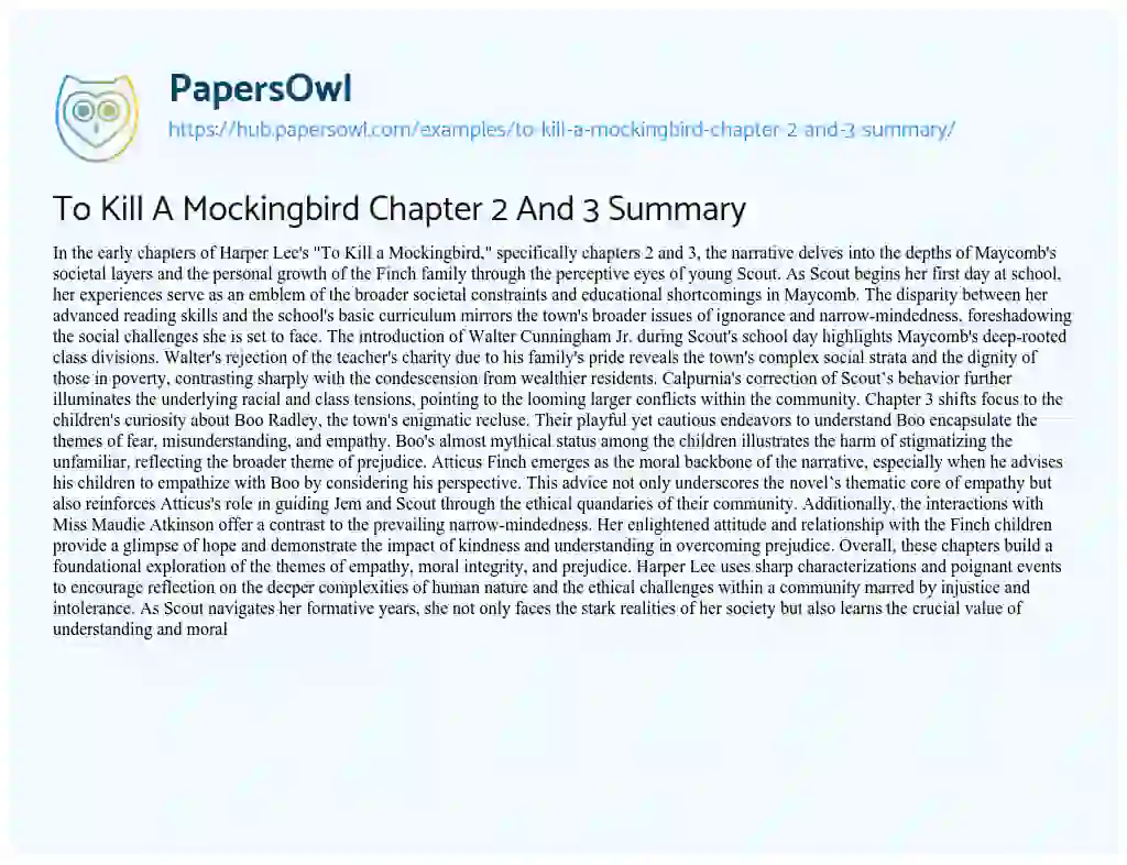 Essay on To Kill A Mockingbird Chapter 2 And 3 Summary