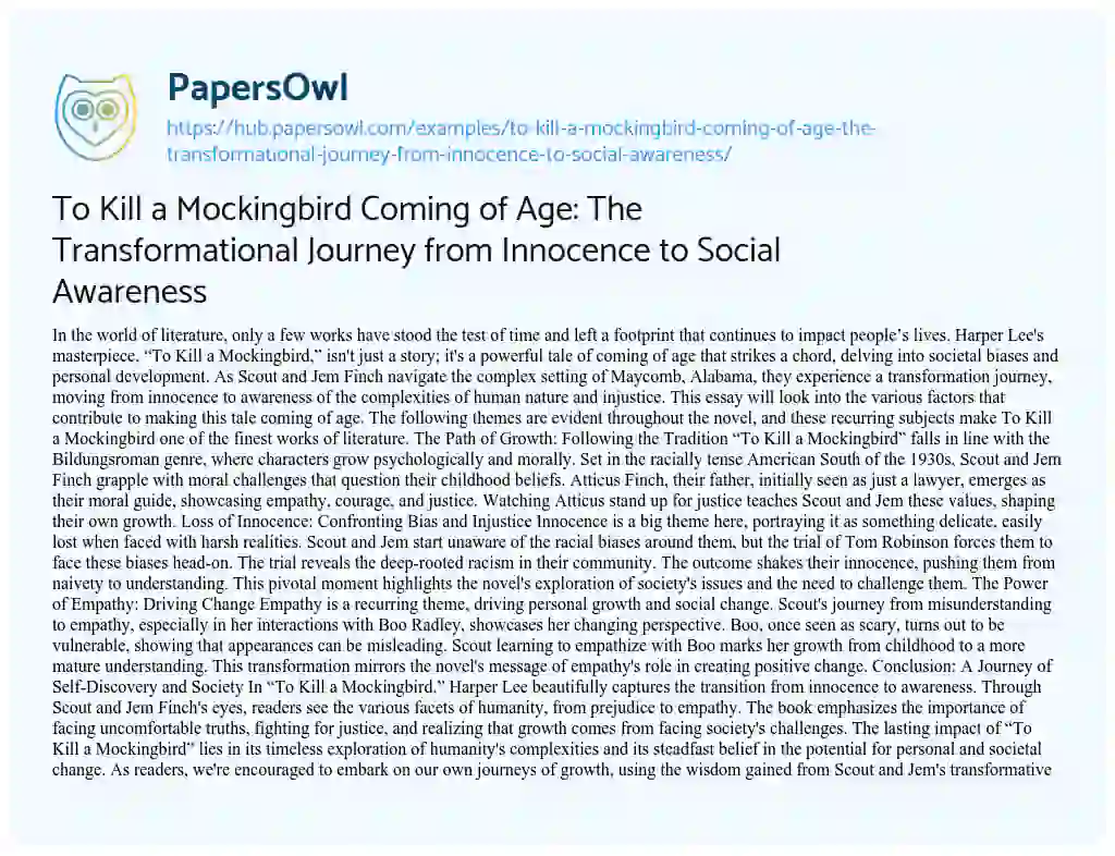 Essay on To Kill a Mockingbird Coming of Age: The Transformational Journey from Innocence to Social Awareness