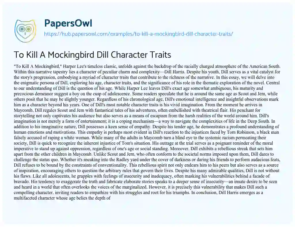 Essay on To Kill A Mockingbird Dill Character Traits