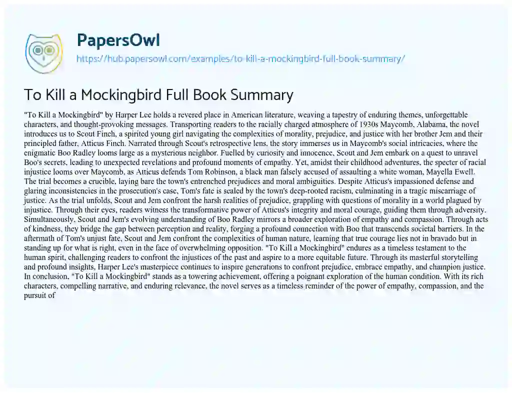 Essay on To Kill a Mockingbird Full Book Summary