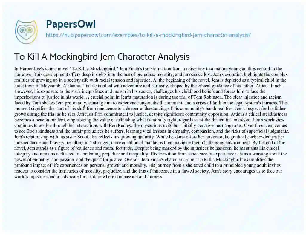 Essay on To Kill A Mockingbird Jem Character Analysis