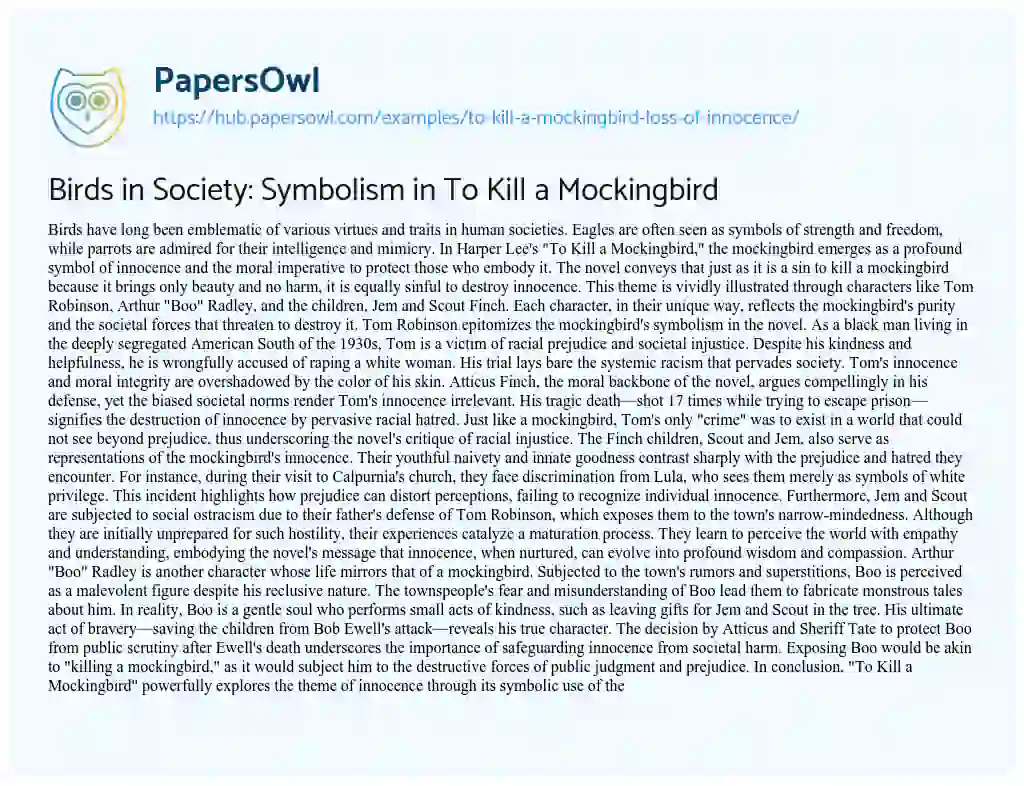 Essay on Birds in Society: Symbolism in To Kill a Mockingbird