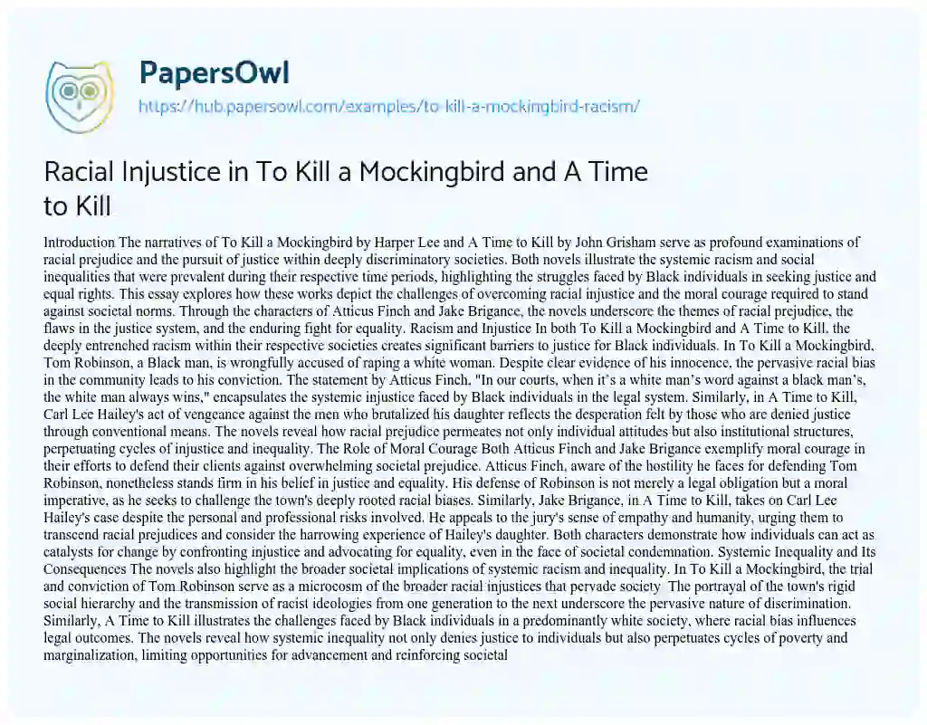 Essay on Racial Injustice in To Kill a Mockingbird and A Time to Kill