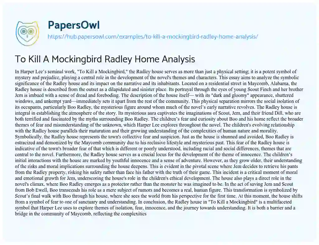 Essay on To Kill A Mockingbird Radley Home Analysis