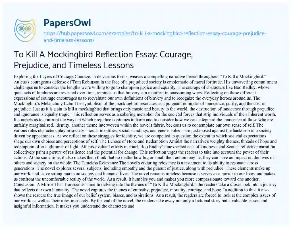 Essay on To Kill A Mockingbird Reflection Essay: Courage, Prejudice, and Timeless Lessons