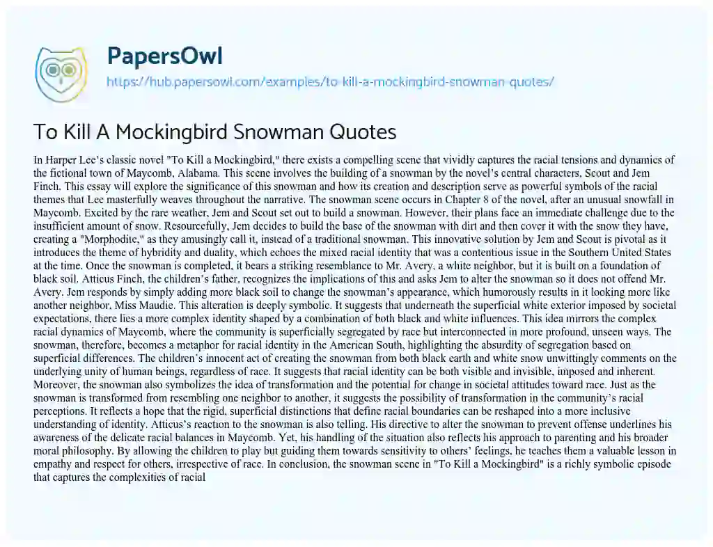 Essay on To Kill A Mockingbird Snowman Quotes