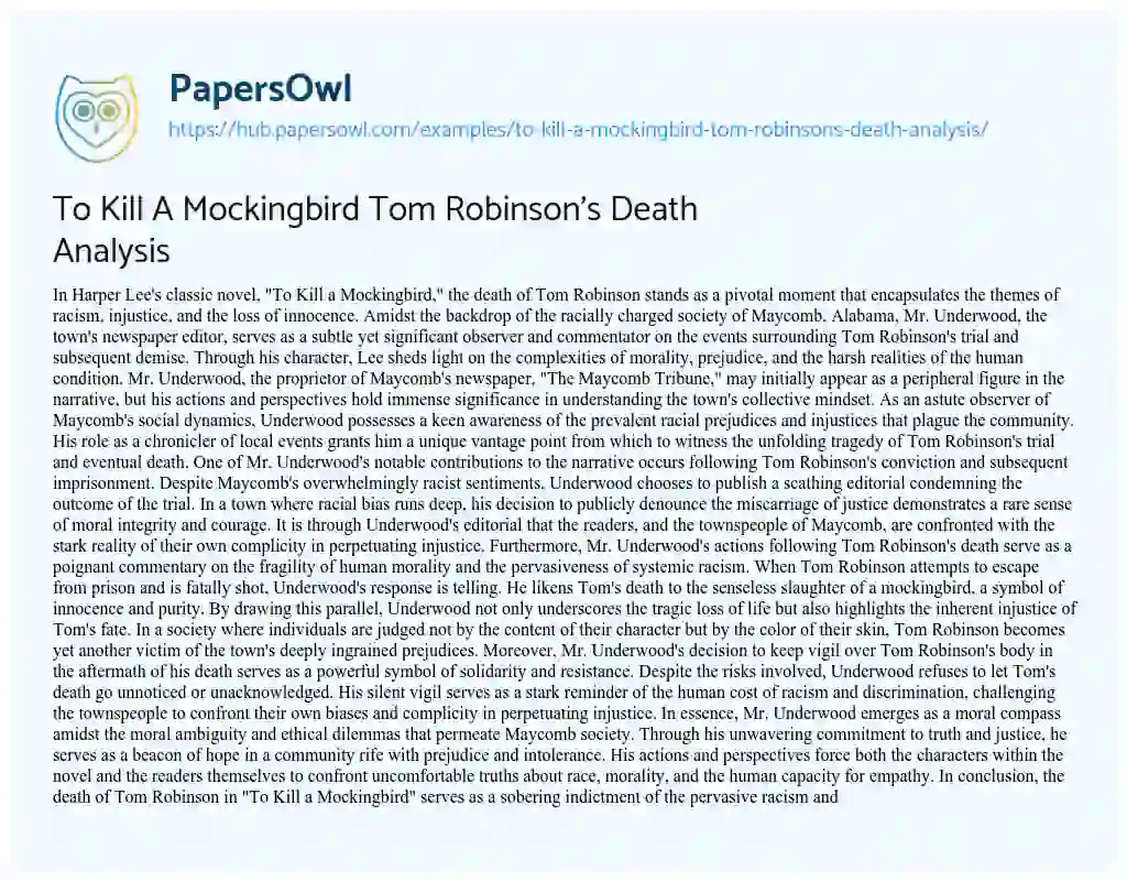 Essay on To Kill A Mockingbird Tom Robinson’s Death Analysis