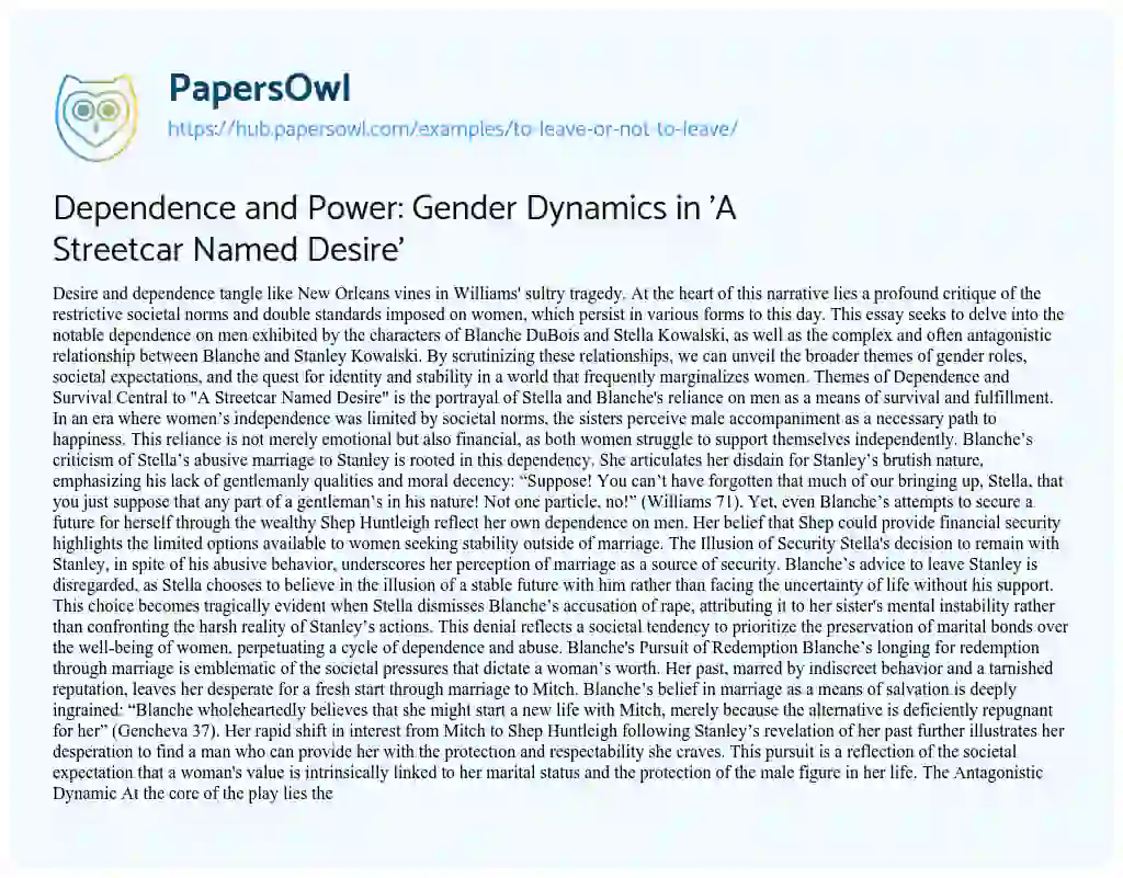 Essay on Dependence and Power: Gender Dynamics in ‘A Streetcar Named Desire’