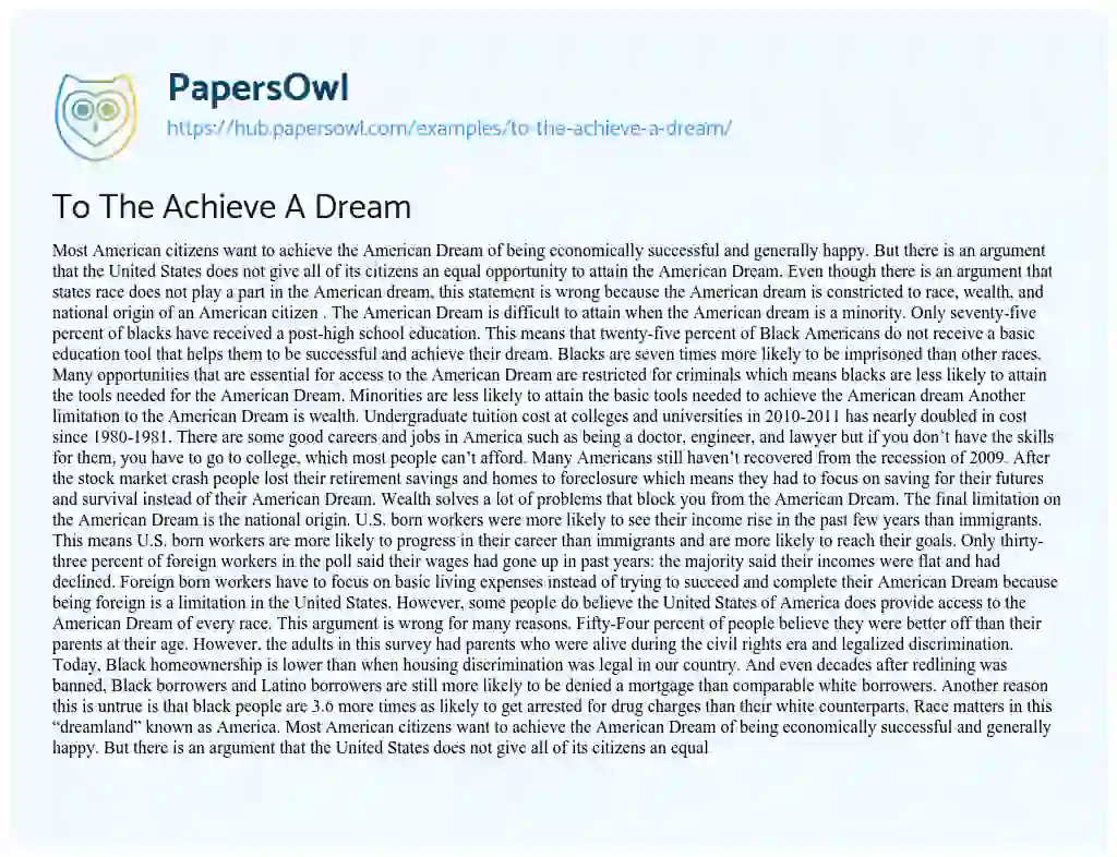 Essay on To The Achieve A Dream
