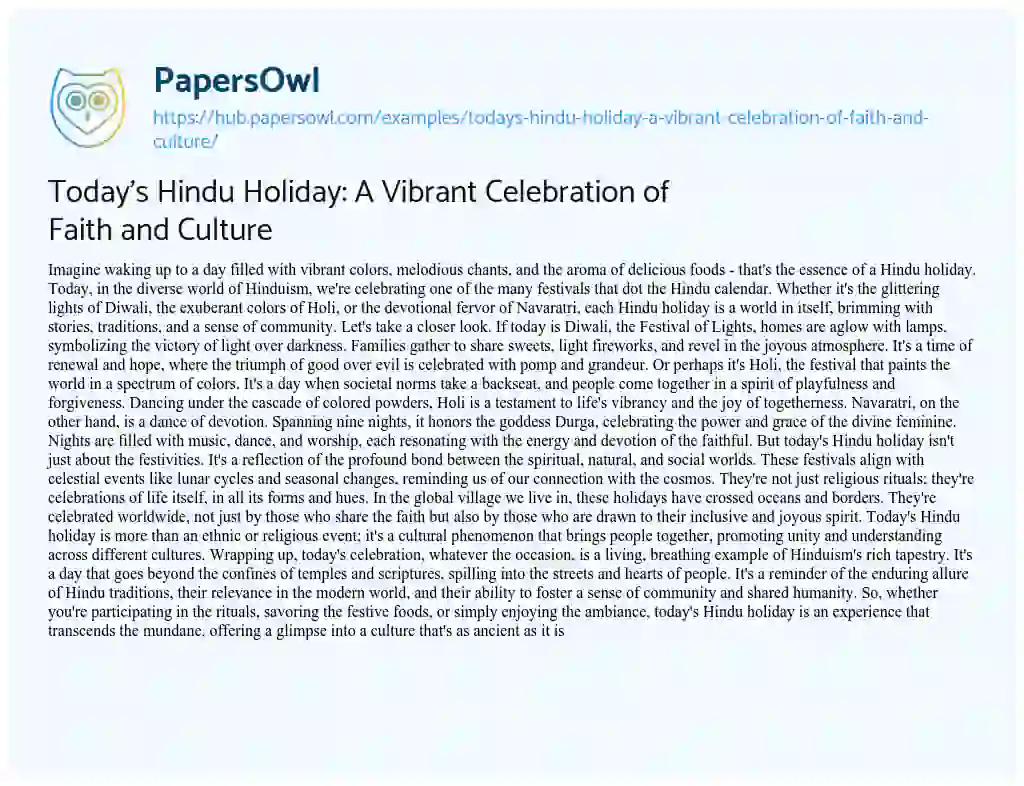 Essay on Today’s Hindu Holiday: A Vibrant Celebration of Faith and Culture