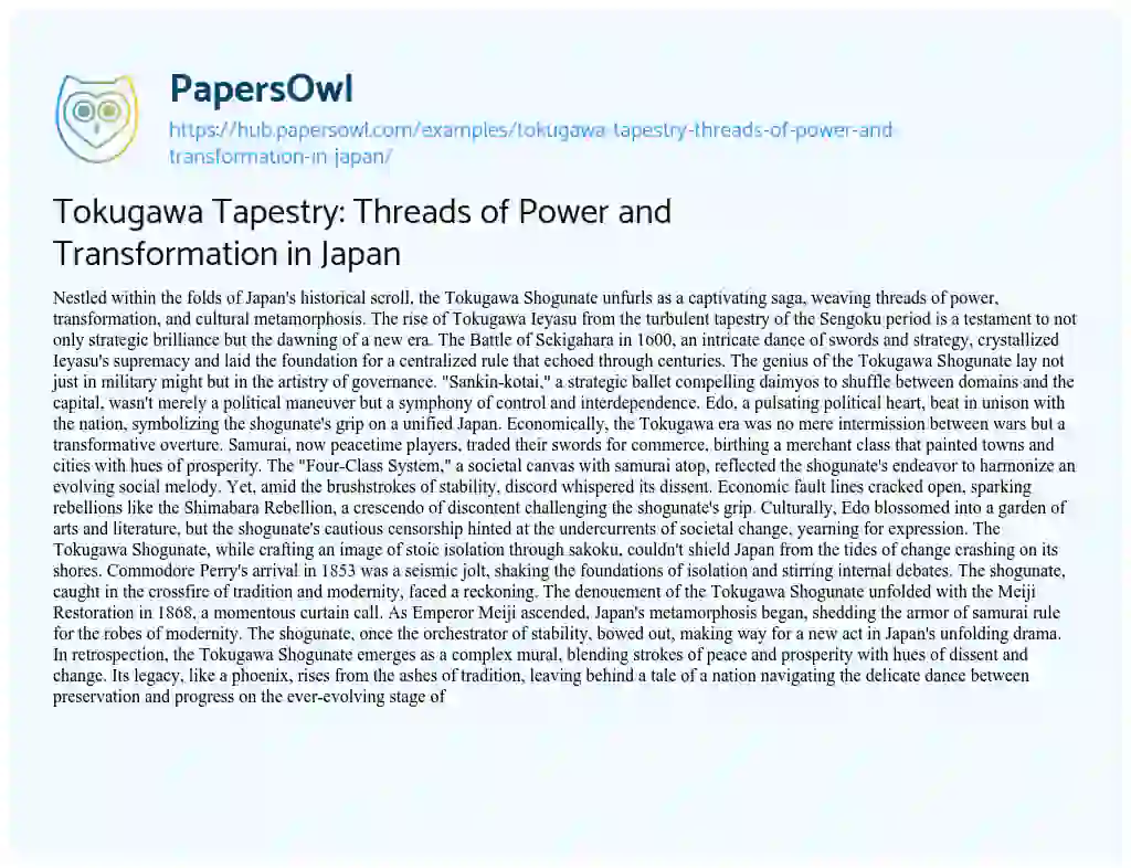 Essay on Tokugawa Tapestry: Threads of Power and Transformation in Japan