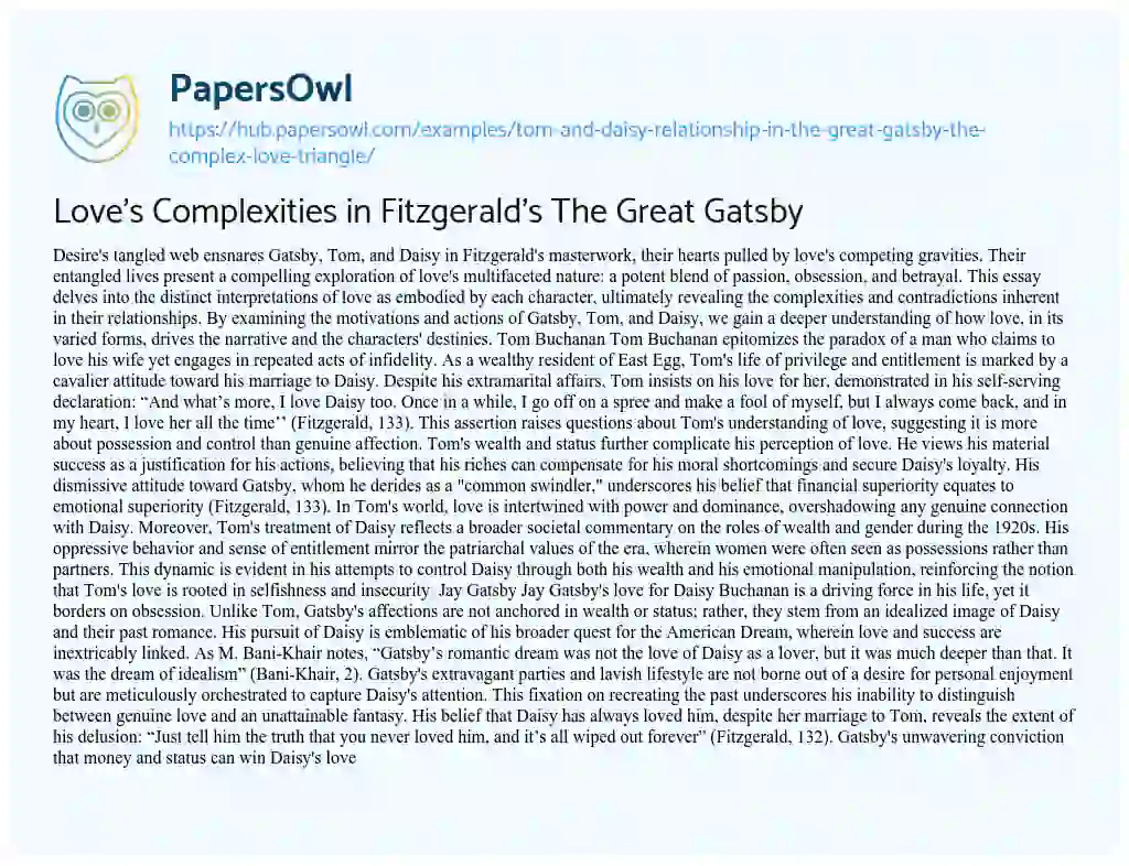 Essay on Love’s Complexities in Fitzgerald’s The Great Gatsby