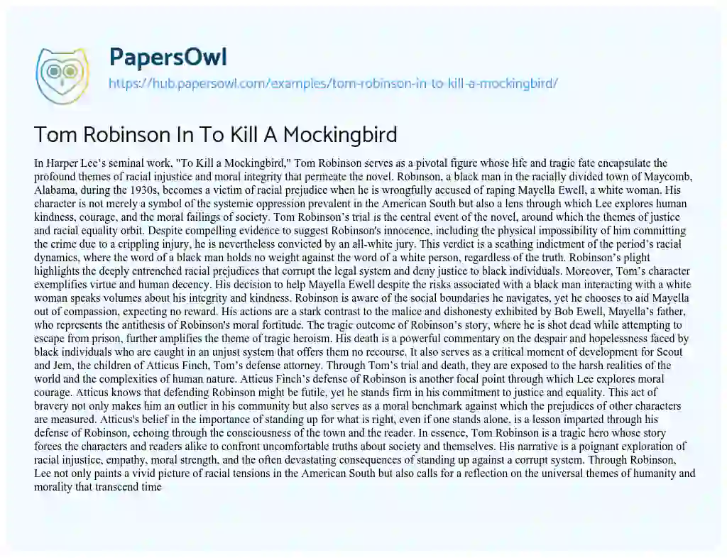 Essay on Tom Robinson In To Kill A Mockingbird