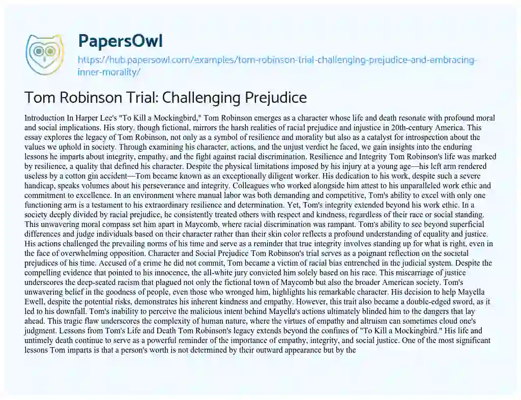 Essay on Tom Robinson Trial: Challenging Prejudice