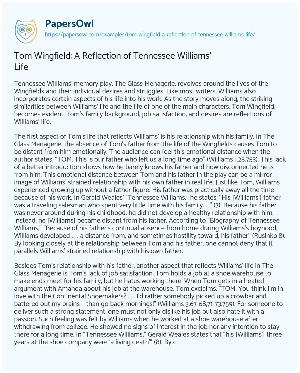 Essay on Tom Wingfield: A Reflection of Tennessee Williams’ Life