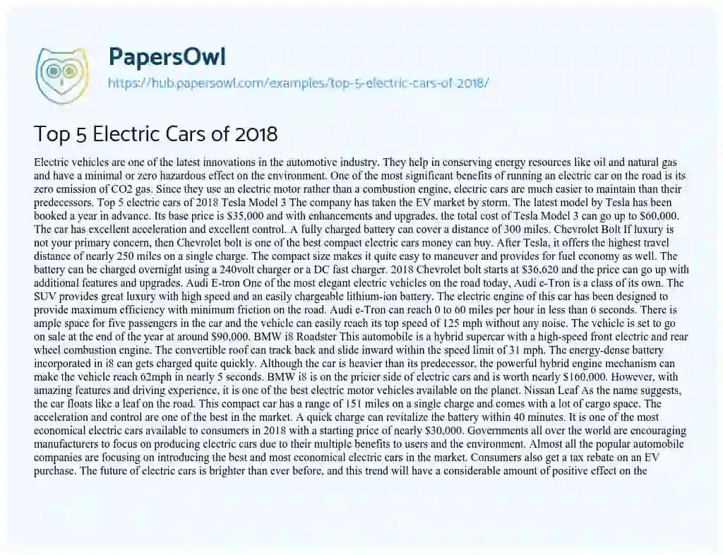 Essay on Top 5 Electric Cars of 2018