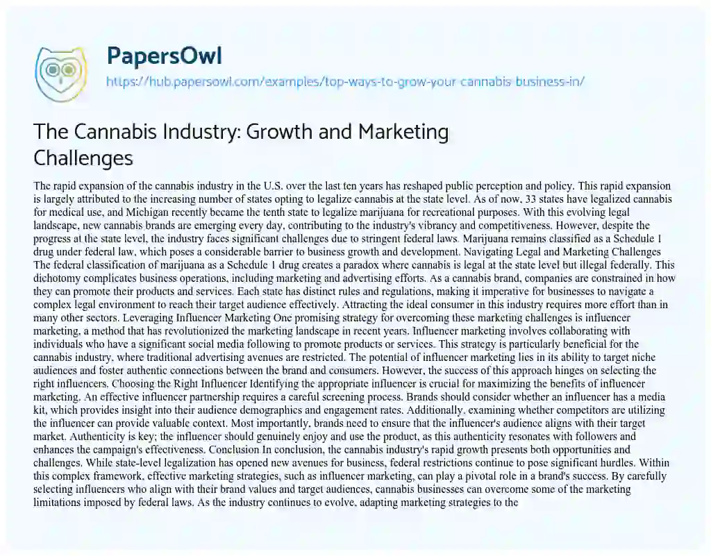 Essay on The Cannabis Industry: Growth and Marketing Challenges