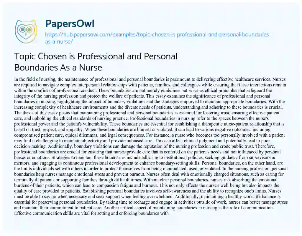 Essay on Topic Chosen is Professional and Personal Boundaries As a Nurse