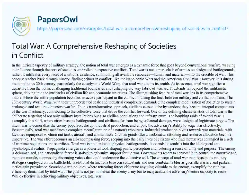 Essay on Total War: A Comprehensive Reshaping of Societies in Conflict