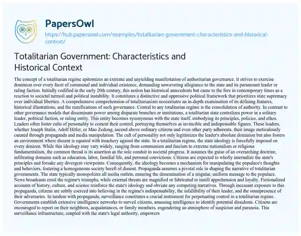 Essay on Totalitarian Government: Characteristics and Historical Context