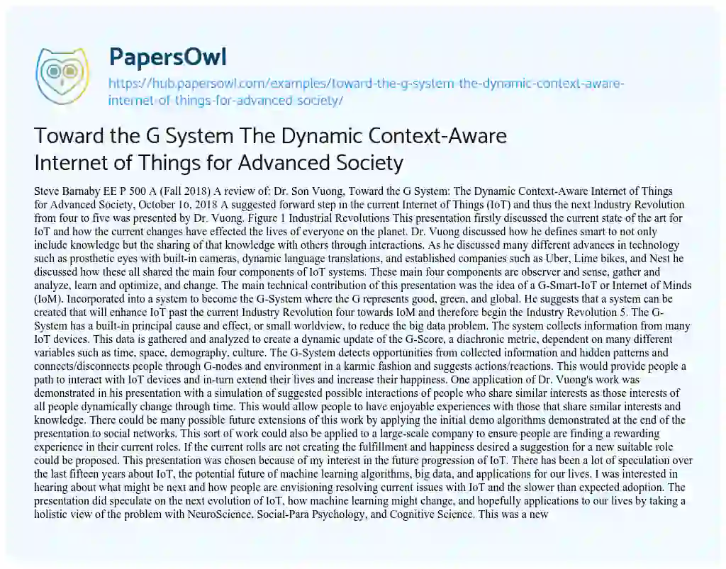 Essay on Toward the G System The Dynamic Context-Aware Internet of Things for Advanced Society
