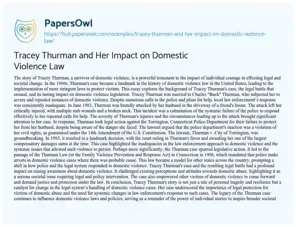 Essay on Tracey Thurman and Her Impact on Domestic Violence Law