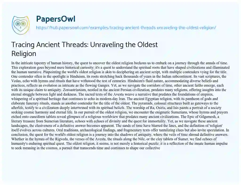 Essay on Tracing Ancient Threads: Unraveling the Oldest Religion
