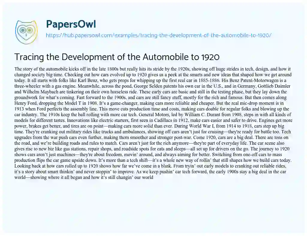 Essay on Tracing the Development of the Automobile to 1920