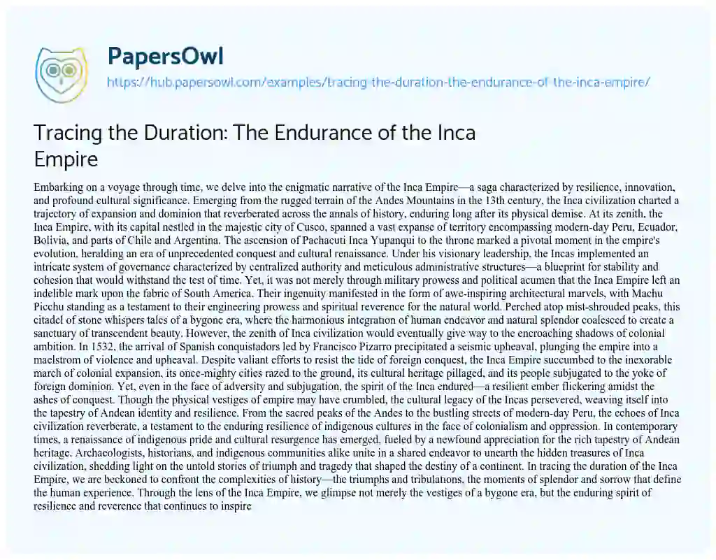 Essay on Tracing the Duration: The Endurance of the Inca Empire