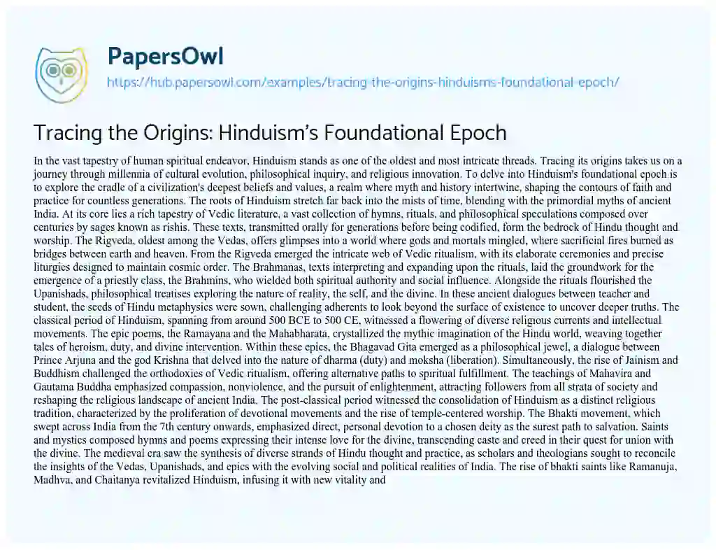 Essay on Tracing the Origins: Hinduism’s Foundational Epoch