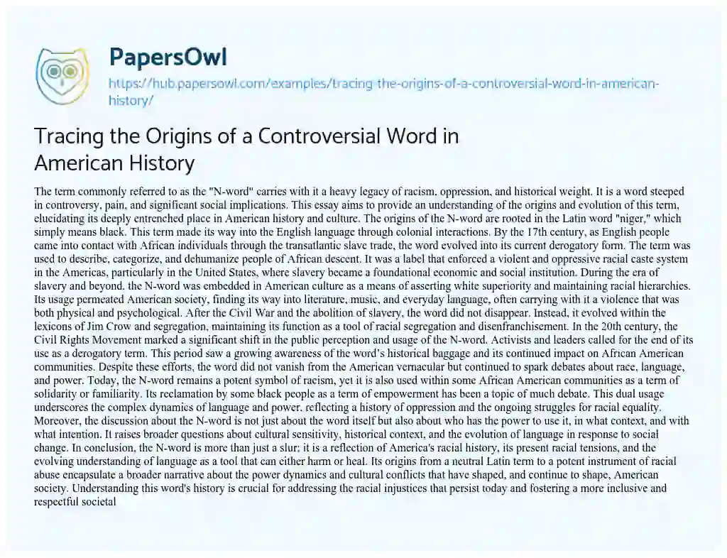Essay on Tracing the Origins of a Controversial Word in American History