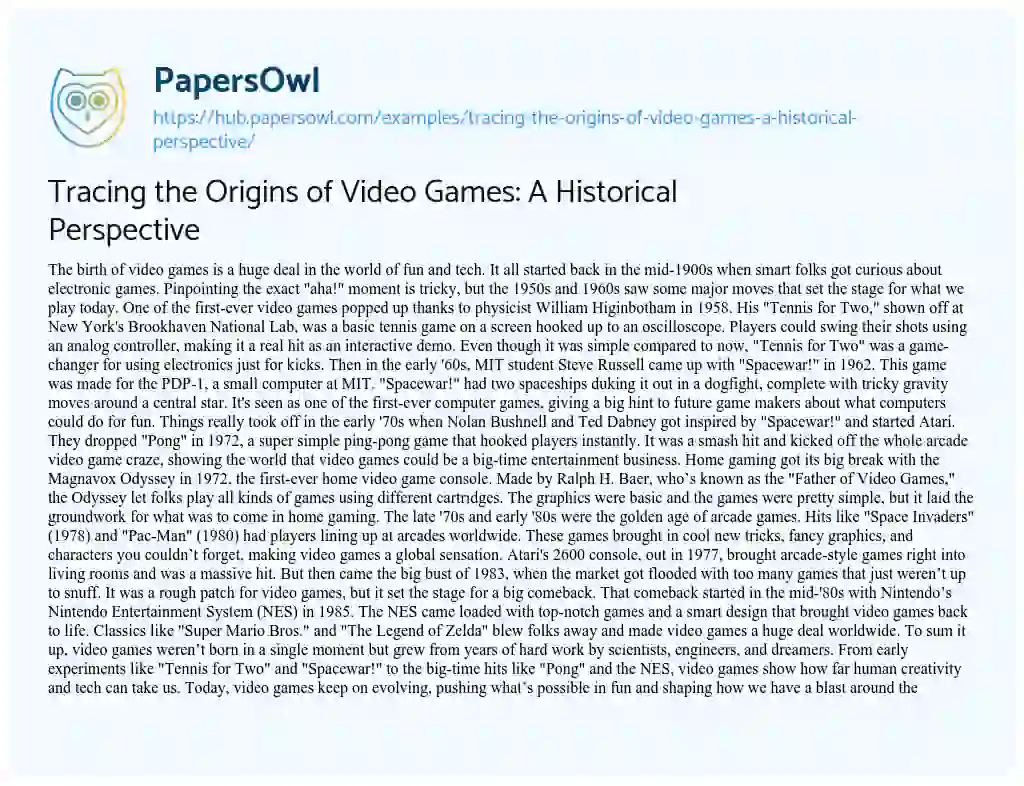 Essay on Tracing the Origins of Video Games: A Historical Perspective
