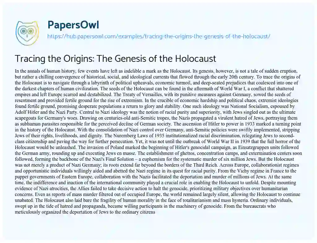 Essay on Tracing the Origins: The Genesis of the Holocaust