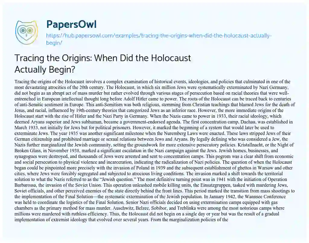 Essay on Tracing the Origins: When Did the Holocaust Actually Begin?
