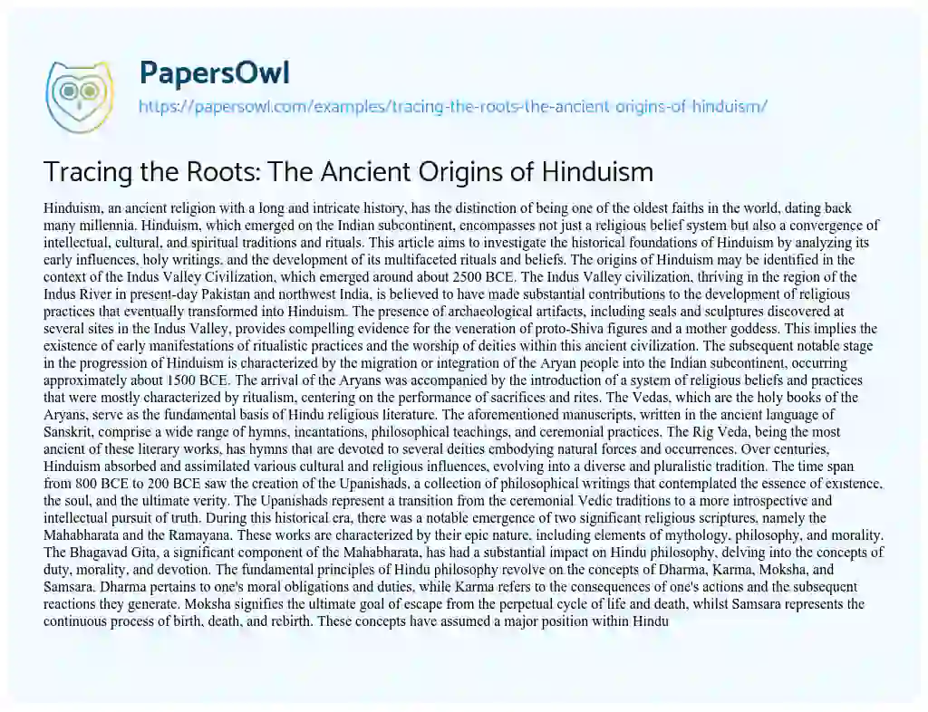 Essay on Tracing the Roots: The Ancient Origins of Hinduism