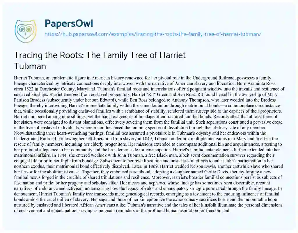 Essay on Tracing the Roots: The Family Tree of Harriet Tubman