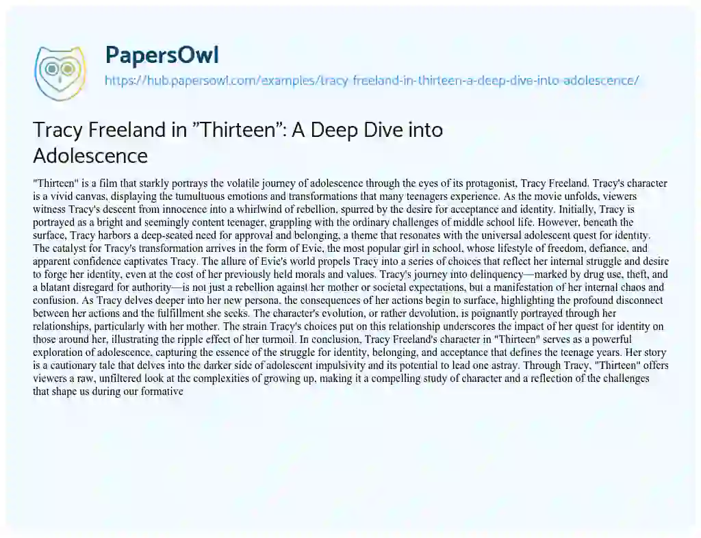 Essay on Tracy Freeland in “Thirteen”: A Deep Dive into Adolescence