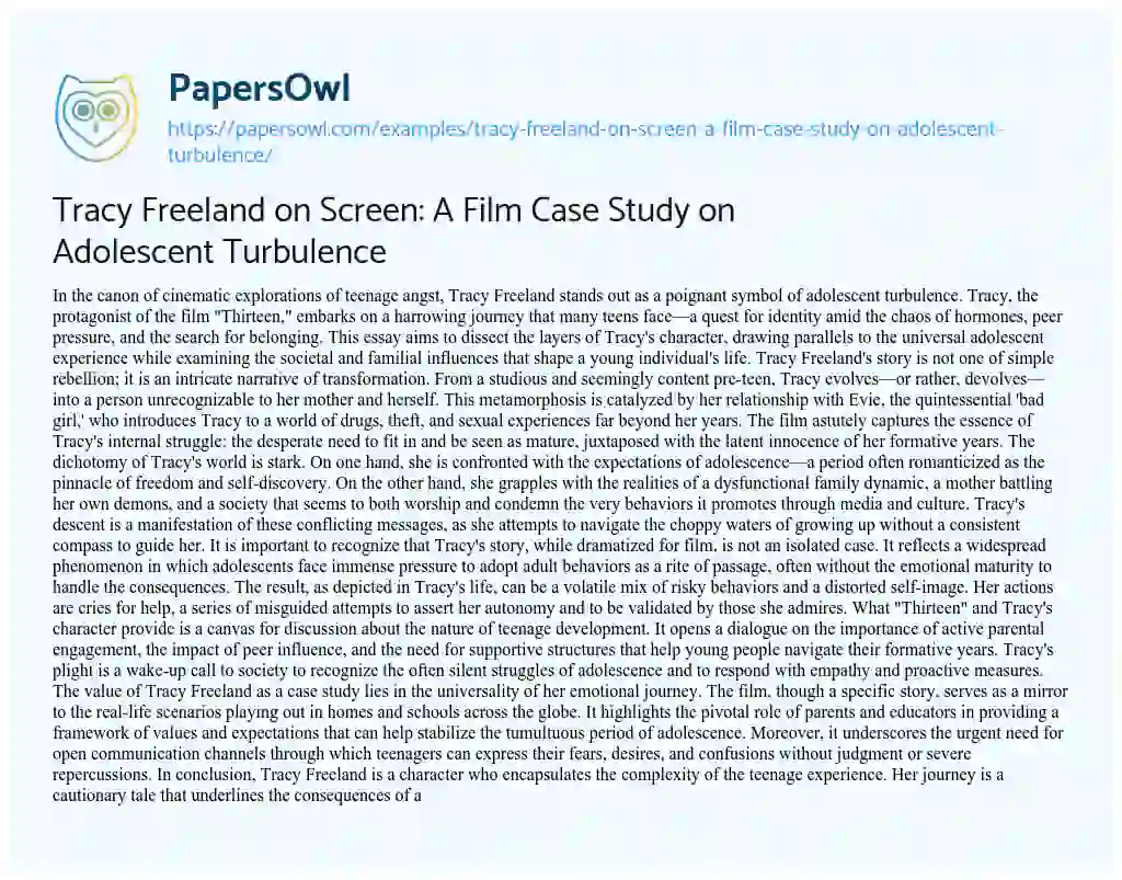 Essay on Tracy Freeland on Screen: A Film Case Study on Adolescent Turbulence