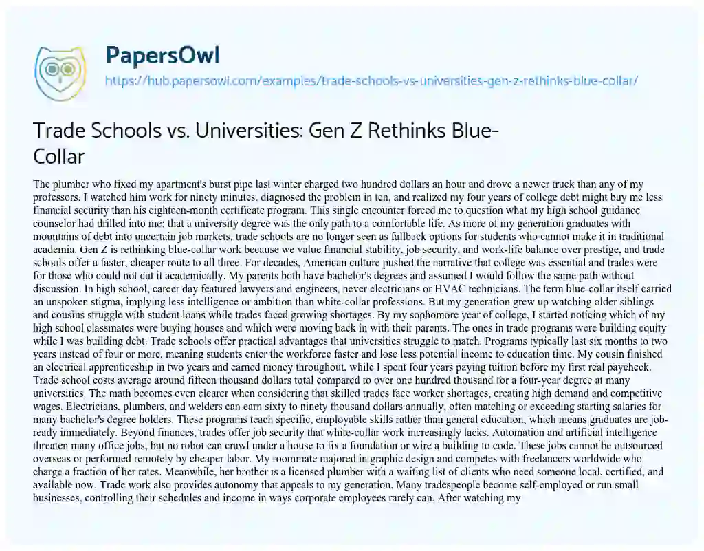 Essay on Trade Schools vs. Universities: Gen Z Rethinks Blue-Collar
