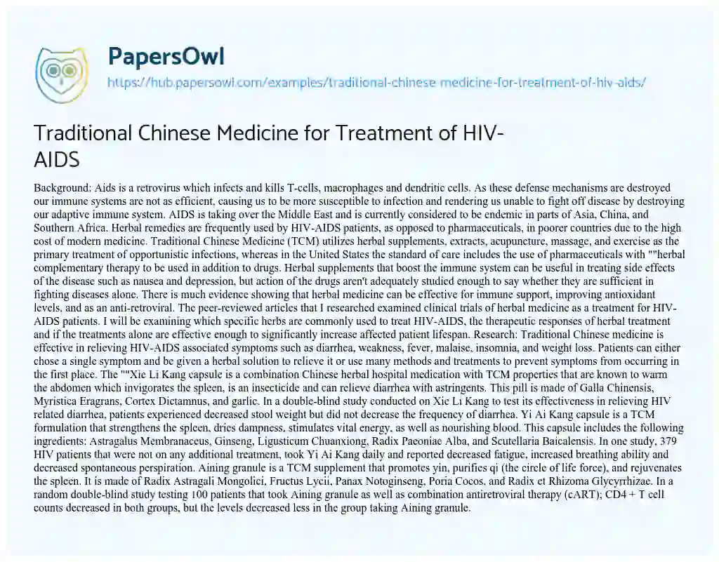 Essay on Traditional Chinese Medicine for Treatment of HIV-AIDS