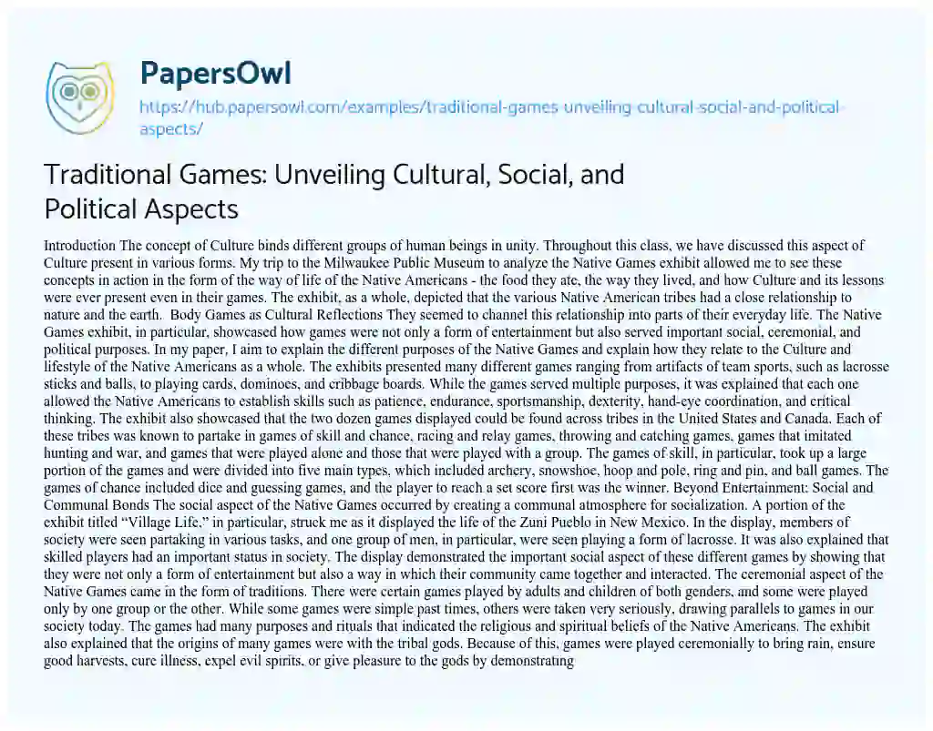 Essay on Traditional Games: Unveiling Cultural, Social, and Political Aspects
