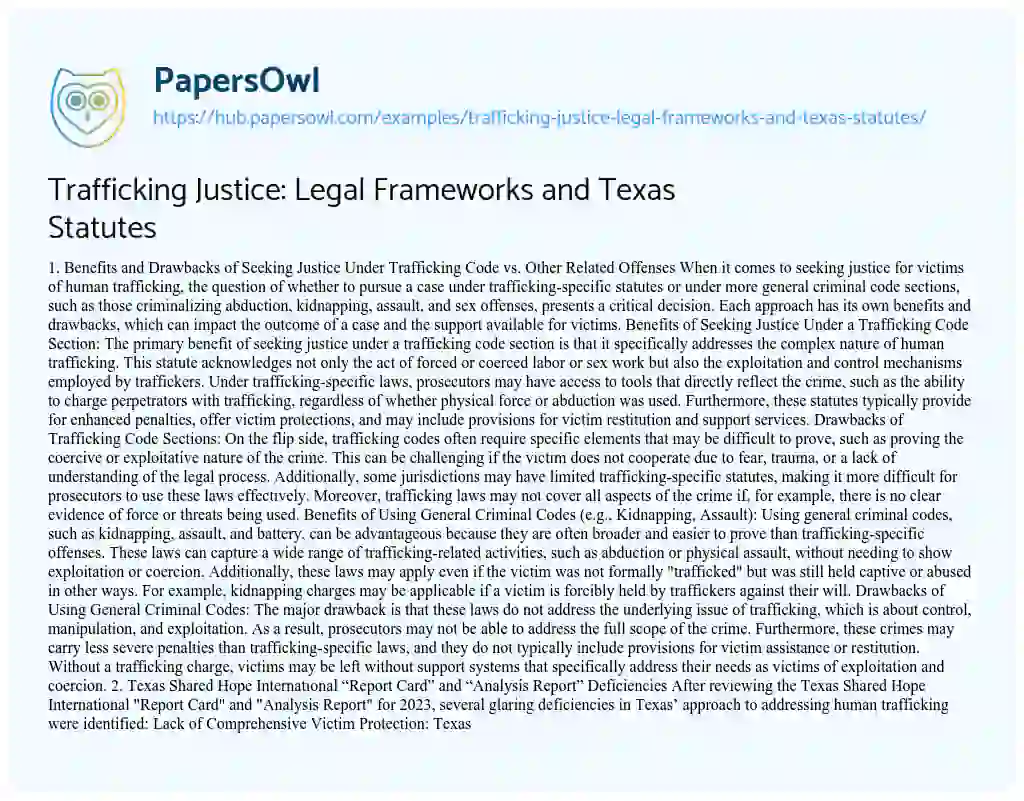 Essay on Trafficking Justice: Legal Frameworks and Texas Statutes