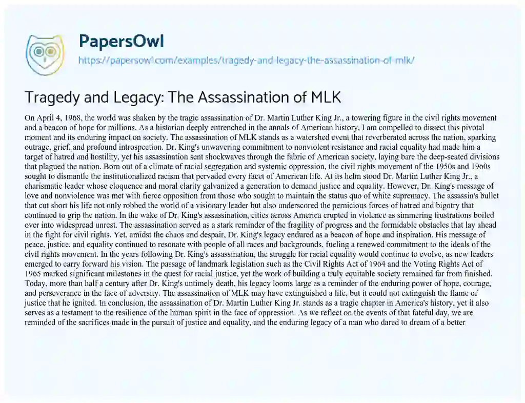Essay on Tragedy and Legacy: The Assassination of MLK