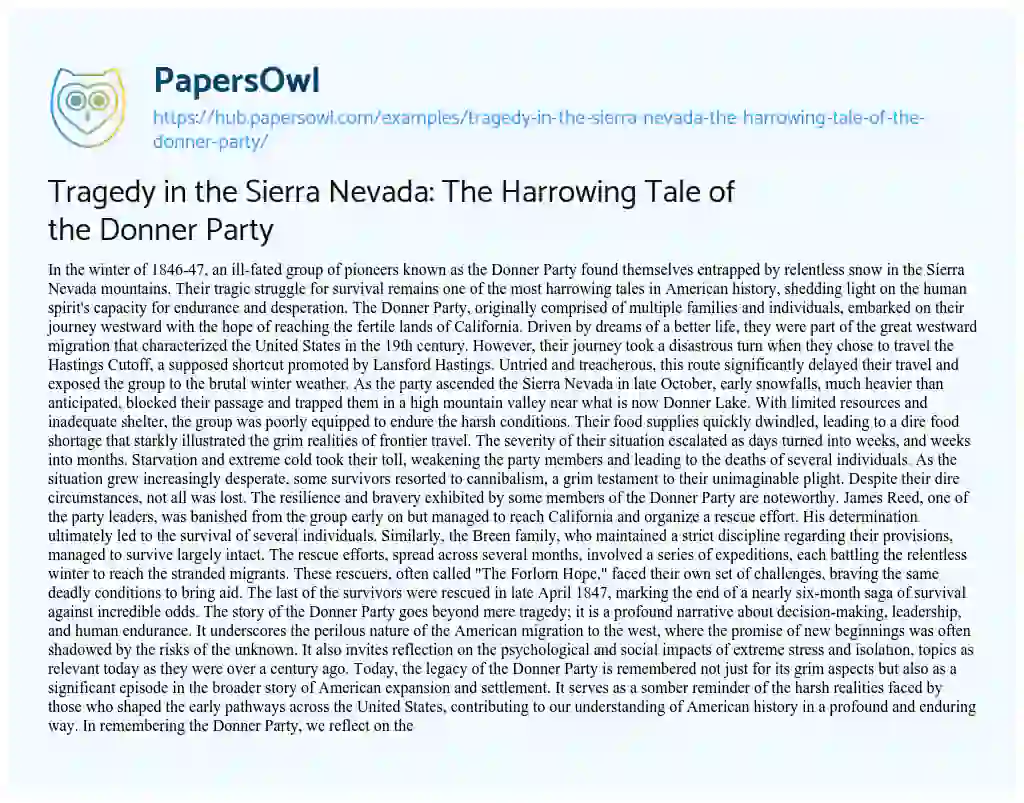 Essay on Tragedy in the Sierra Nevada: The Harrowing Tale of the Donner Party