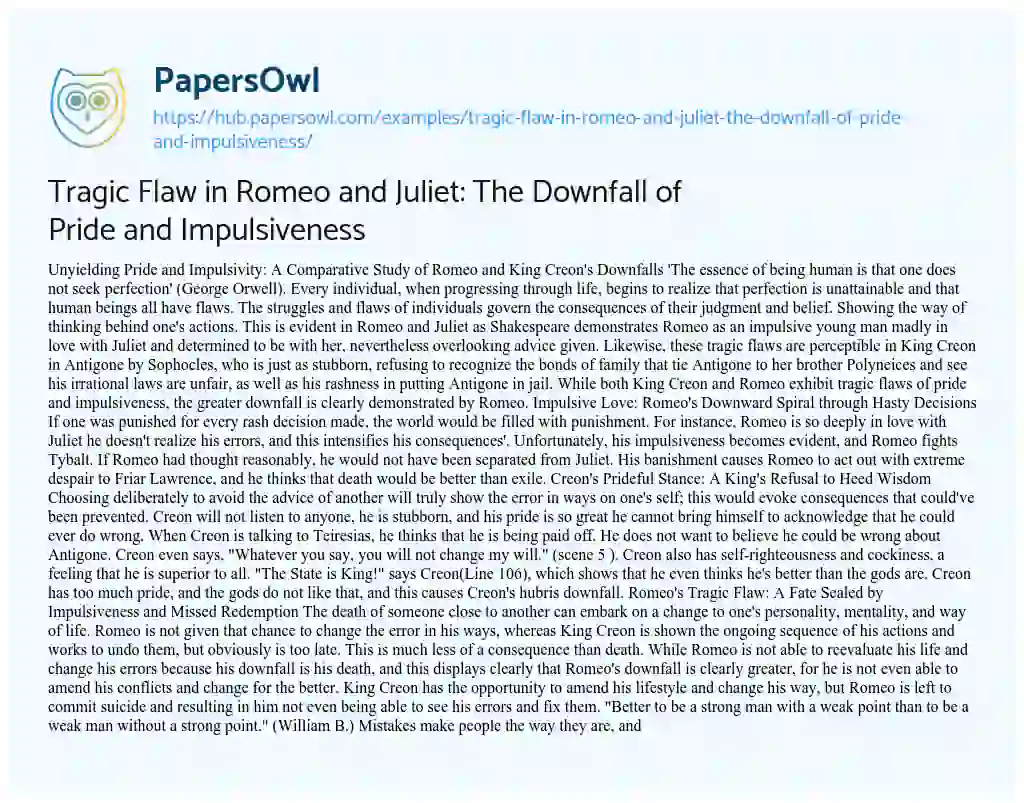 Essay on Tragic Flaw in Romeo and Juliet: The Downfall of Pride and Impulsiveness